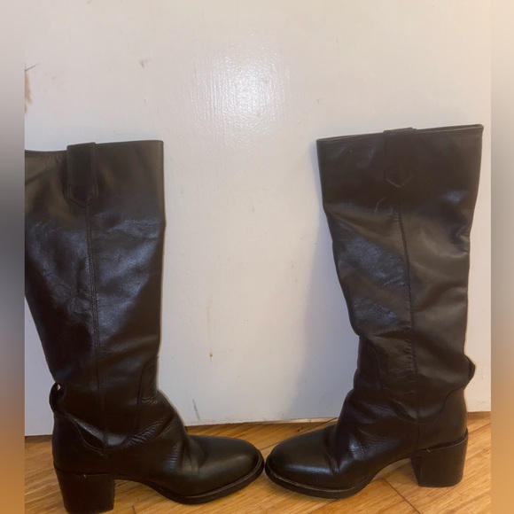 Zara Wide Block Heel Leather Knee High Boots - Picture 3 of 12